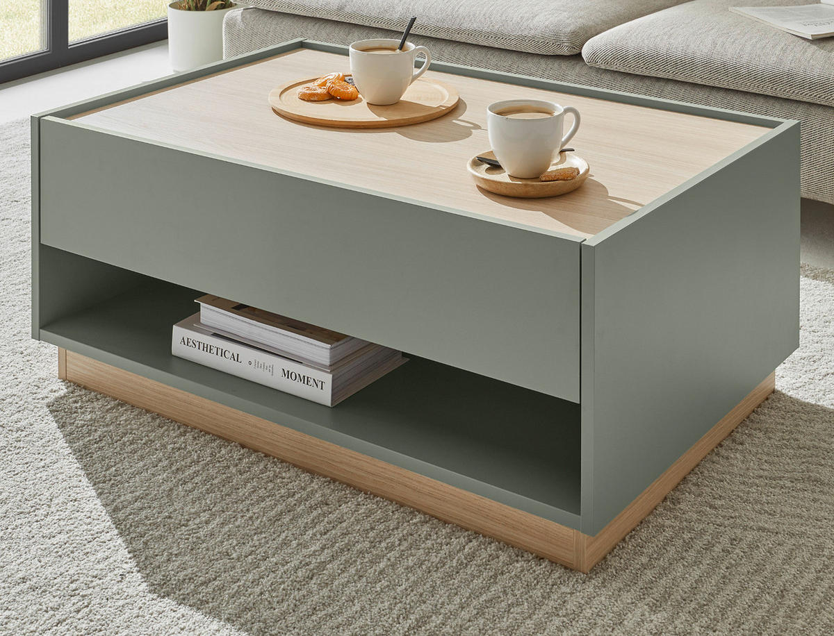 COUCHTISCH in Salbei Grün und Eiche, Wohnzimmertisch mit Schubkasten, 90 x 60 cm - Salbeigrün/Eichefarben, Holz/Holzwerkstoff (60/90/38cm) - Furn.Design