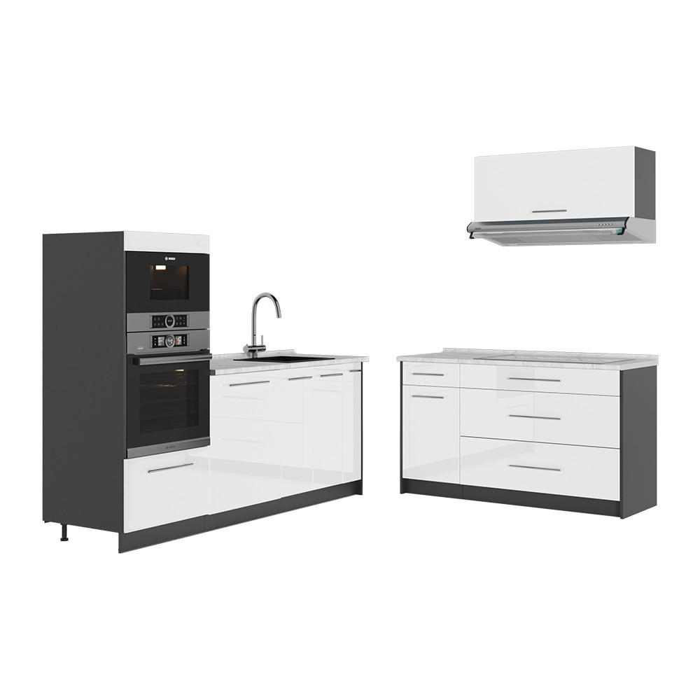 KÜCHENZEILE Fame-Line, Weiß Hochglanz/Anthrazit, 340 cm, AP Marmor - Weiß Hochglanz/Anthrazit, Holzwerkstoff (340/153.6/60cm) - Vicco
