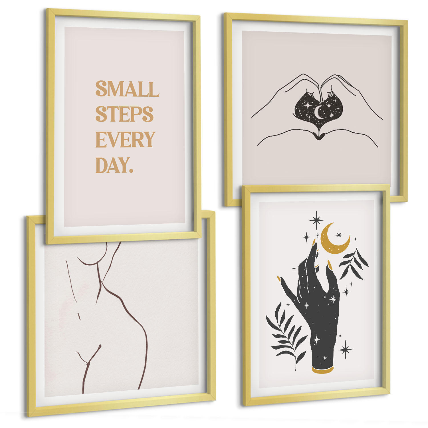 BILDER SET 4er Set - 50x50 cm & 40x60 cm Goldrahmen - Minimalistische Boho-Illustrationen - Goldfarben, Kunststoff (50/50cm) - TULUP
