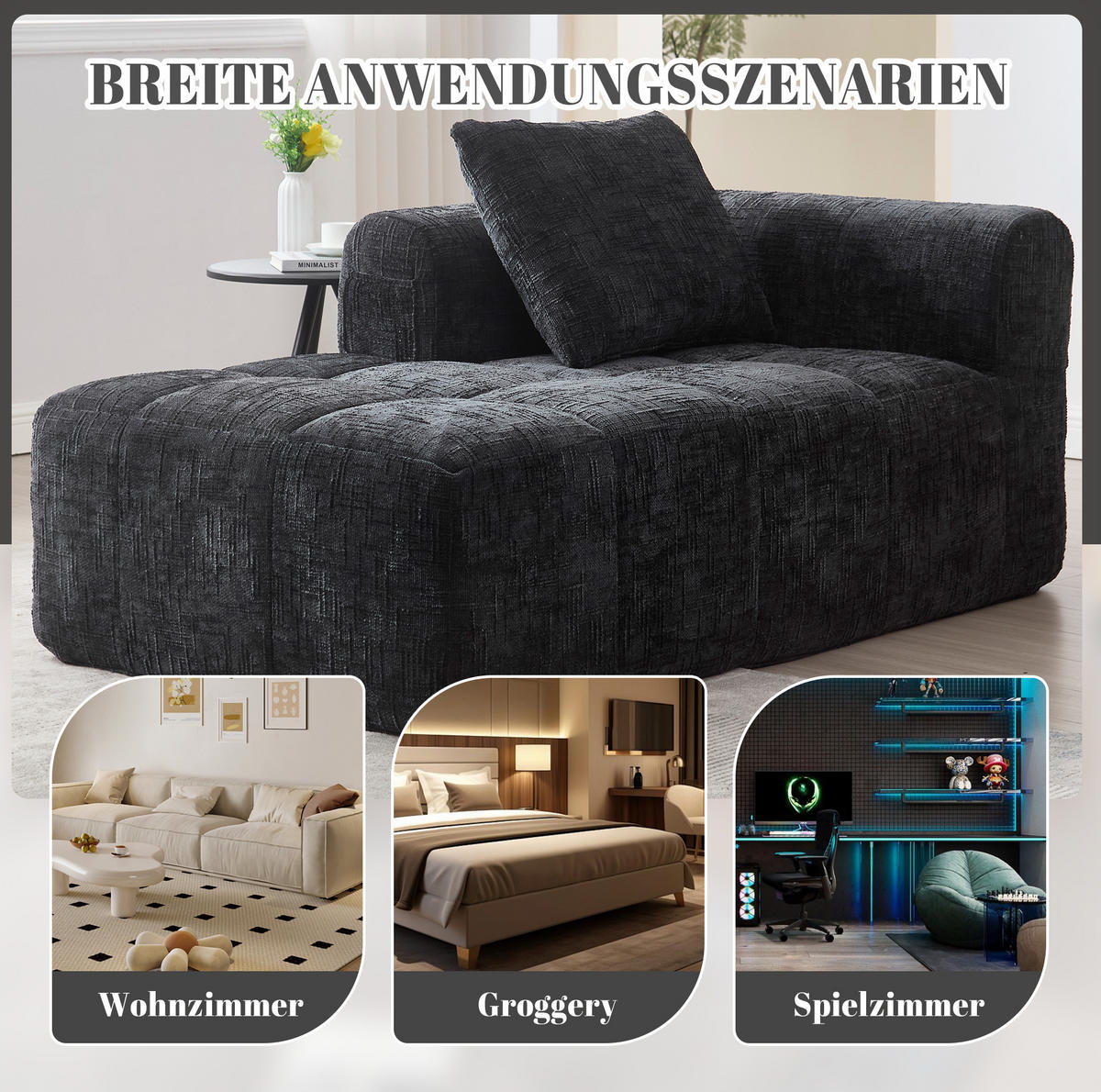 SOFA od ženilije, 158/90/60 cm crna, s ležaljkom i bočnim džepovima - crna, tekstil (60/158/90cm) - BEAOK
