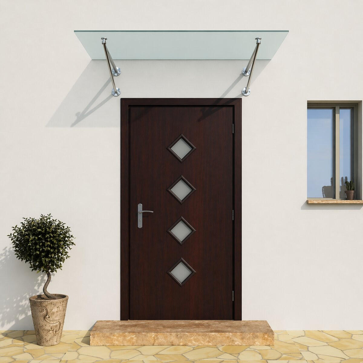GLASVORDACH 200x90 cm Sicherheitsglas Edelstahl Satiniert V-Silber - Weiß, Glas (200/1.31/90cm) -  Glaswerk Westfalen