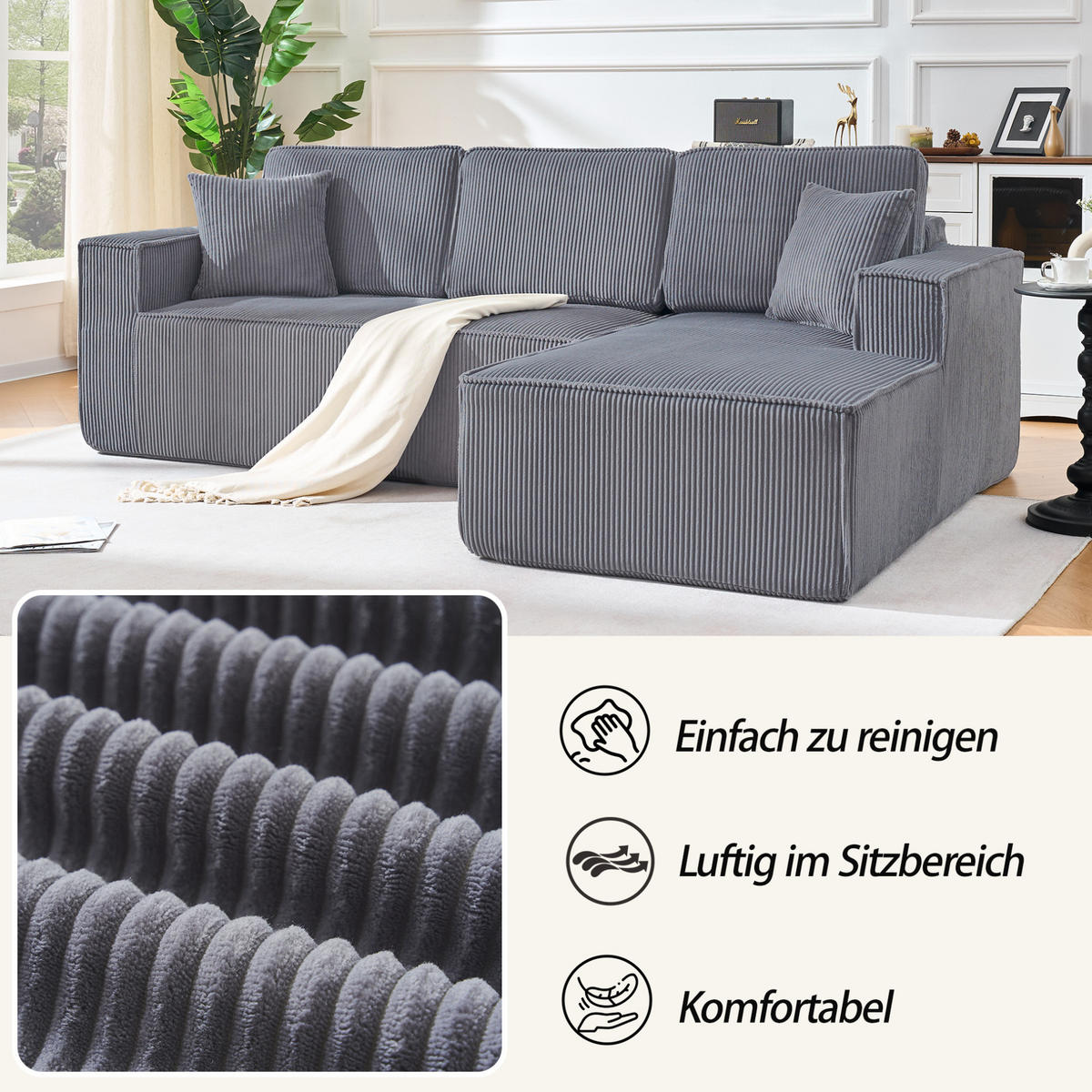 ECKSOFA 235/128/60 cm grau aus Cordstoff modular mit Chaiselongue - Grau, Textil (128/235cm) - OKWISH