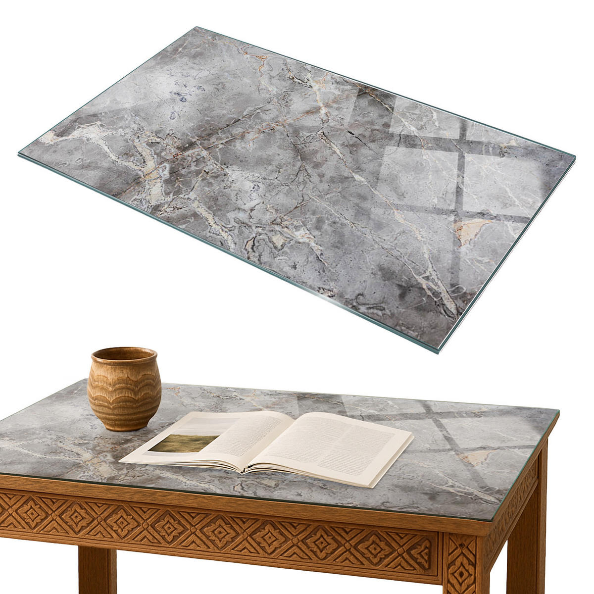 TISCHPLATTE 100x70 cm Muster aus Naturmarmor - Dunkelgrau, Glas (0.4/100/70cm) - TULUP