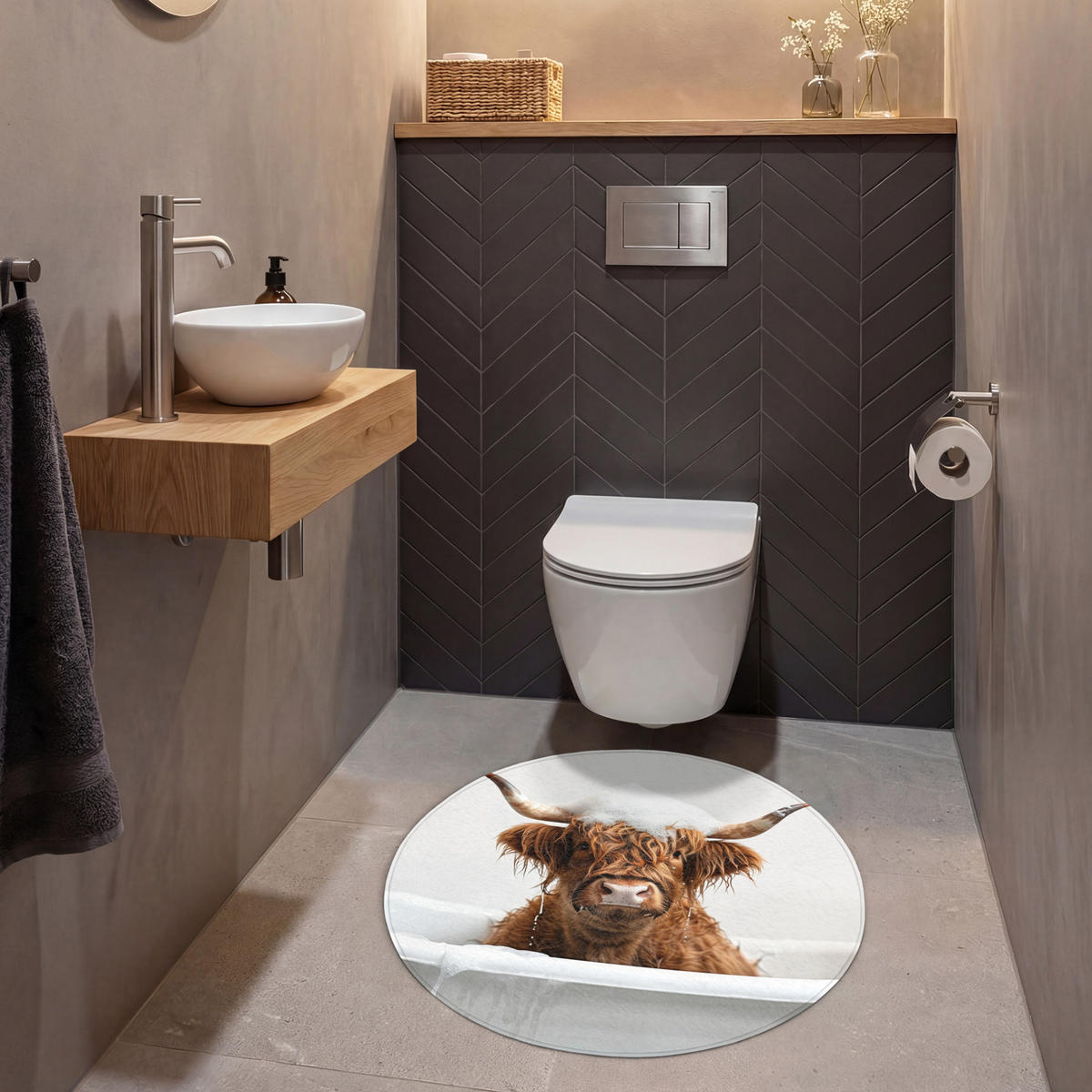 WC-VORLEGER Schottischer Highlander - Bad - Kuh - Tiere - Schaumstoff Toilettenteppich 70x70 cm - Weiß, Kunststoff/Textil (70/70cm) - OnlyWow