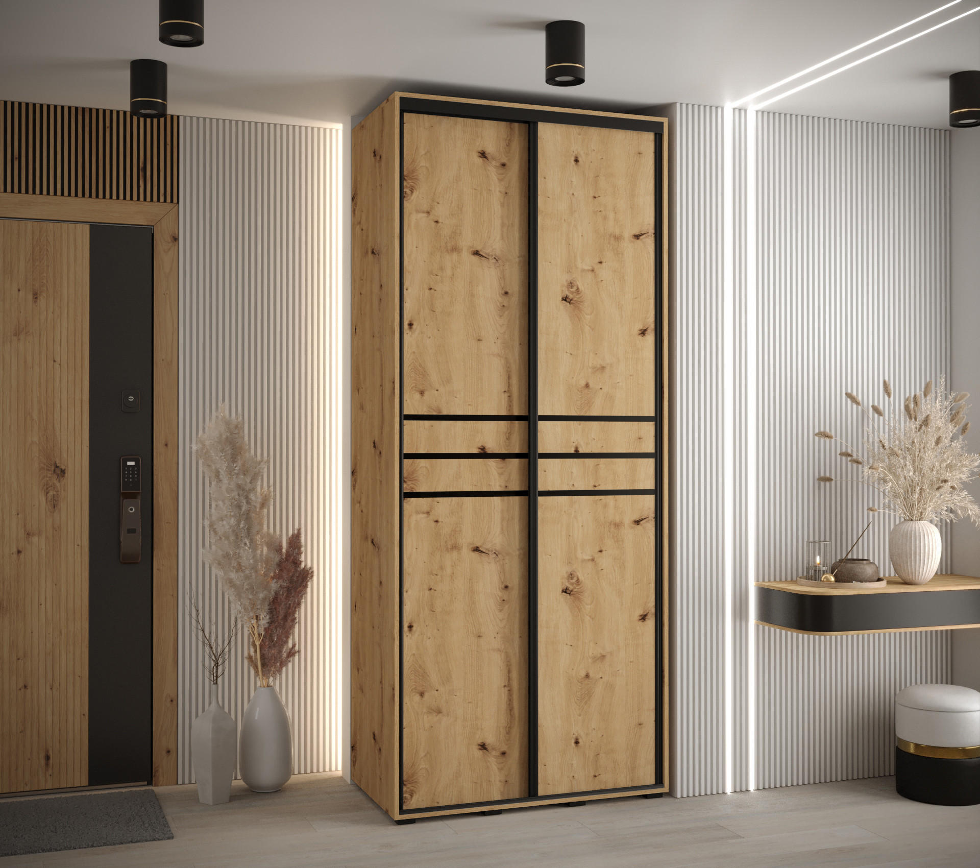 SCHWEBETÜRENSCHRANK 235,2/120/45 2-türig - Schwarz/Eiche Artisan, Holz/Metall (120/235/45cm) - Abiks Möbel