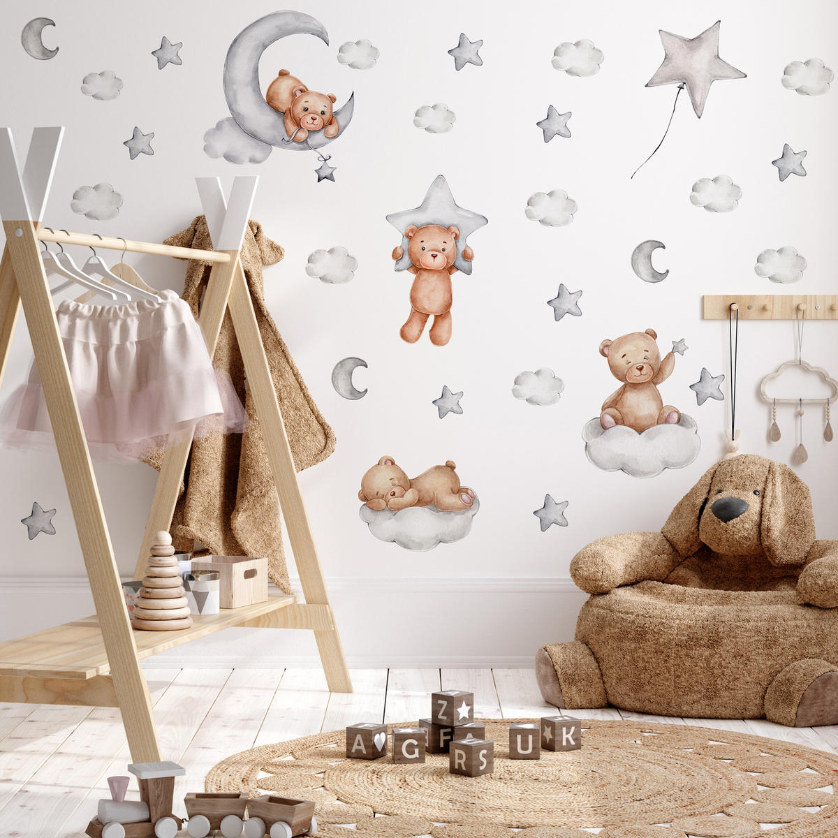 WANDSTICKER SET Teddybären Wolken Sterne Monde 120x60 - Beige/Braun, Papier (120/60/1cm) - Muralo