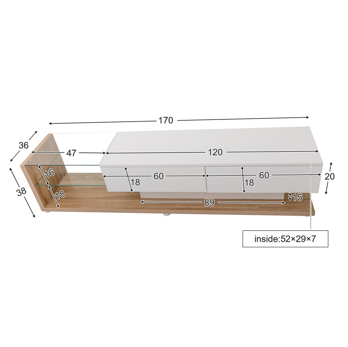 TV-LOWBOARD aus Spanplatte 170x36x38 cm Weiß Hochglanz mit LED-Beleuchtung, 2 Schubladen und Glasböden - Weiß, Holzwerkstoff (170/38/36cm) - Modfu