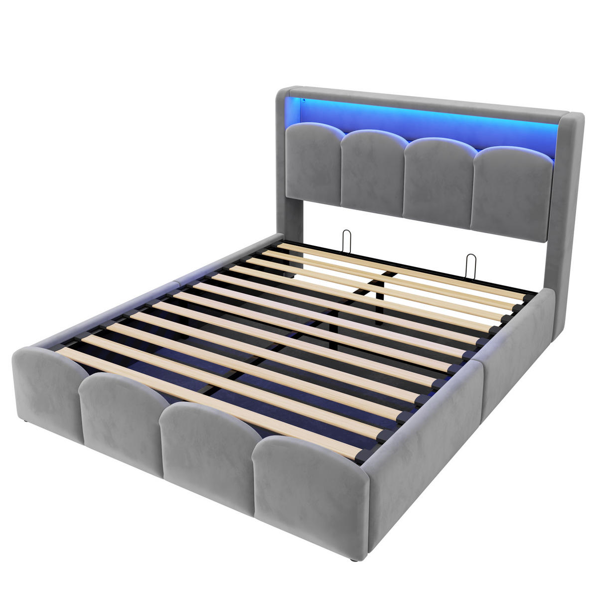 ČALOUNĚNÁ postel 140/200 cm s LED osvětlením, USB a USB-C, hydraulickým úložným prostorem a sametovým potahem, Šedá - šedá, textil (140/200cm) - Redom