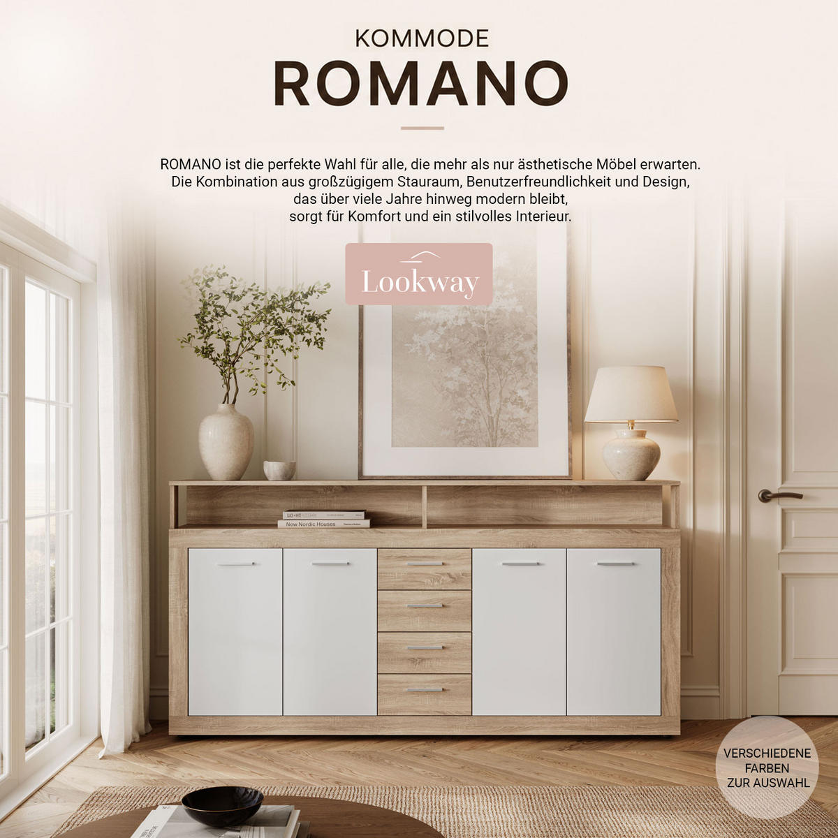 KOMMODE ROMANO mit Schubladen - Eichefarben/Weiß, Holzwerkstoff (190/96/32cm) - Lookway