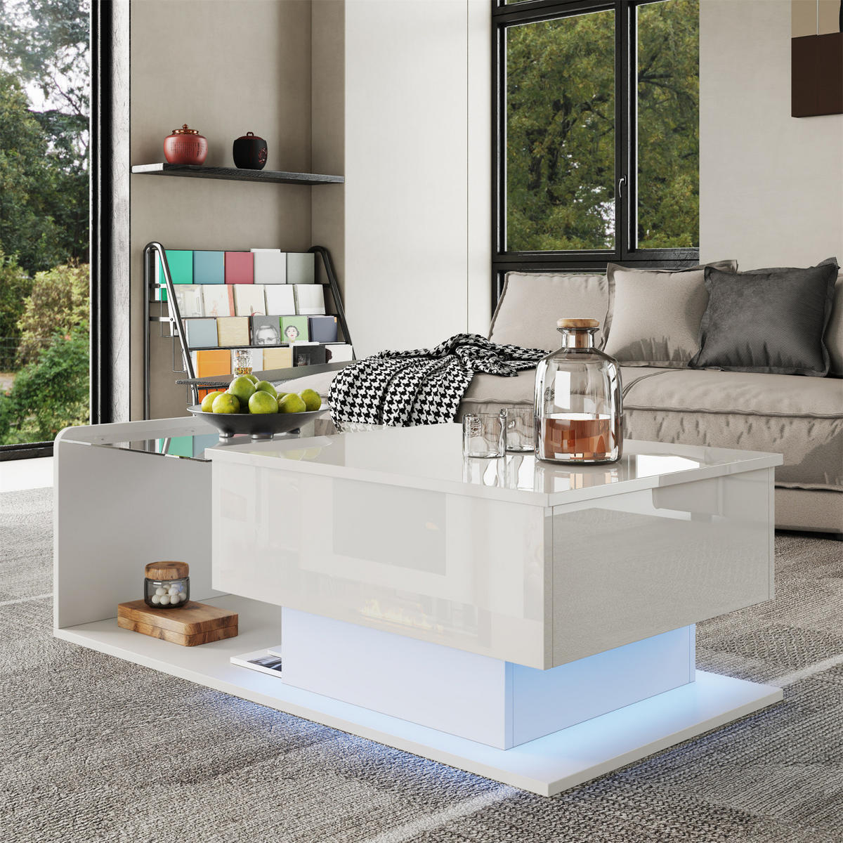 COUCHTISCH Weiß mit Glasplatte und LED, 100 x 50 cm - Weiß, Metall (100/50/47cm)
