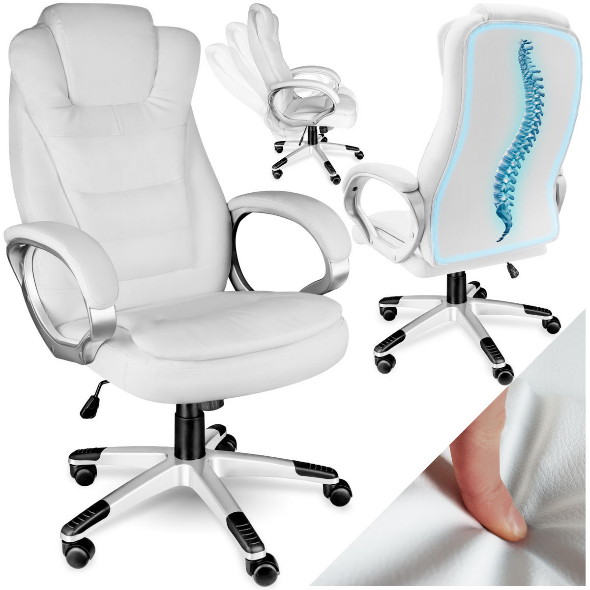 BÜROSTUHL Zulu,einstellbare Wippfunktion,weiß - Weiß, Leder (53/55/53cm) - tectake