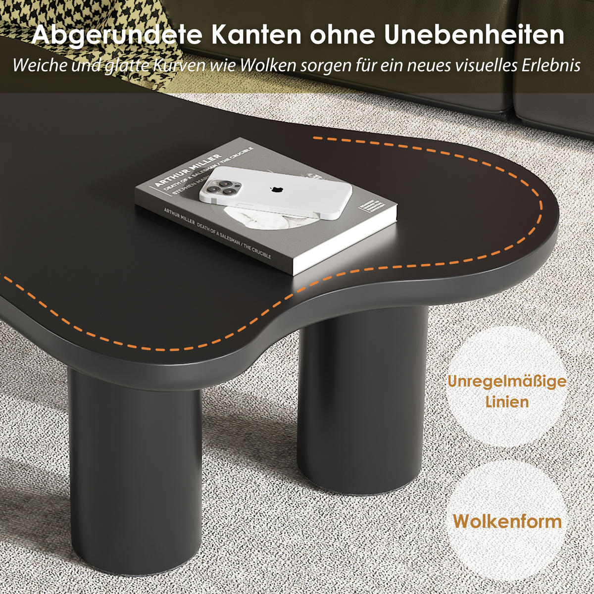 COUCHTISCH Wolkenform MDF 107x66x40.5cm Filzunterlage - Schwarz, Holzwerkstoff (107/66/40.5cm) - FLIEKS