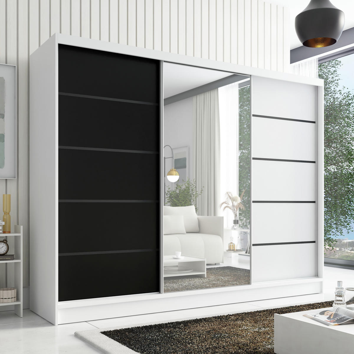 SCHWEBETÜRENSCHRANK 200 cm AURELIA 2 Farbe: Weiß, Schwarz, Weiß - Schwarz/Weiß, Holzwerkstoff (200/215/60cm) - A&J MöbelLand