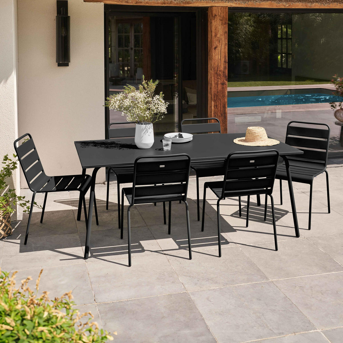GARTENTISCH 8-Sitzer, Schwarz - Schwarz, Metall (180/90/72cm) - Oviala