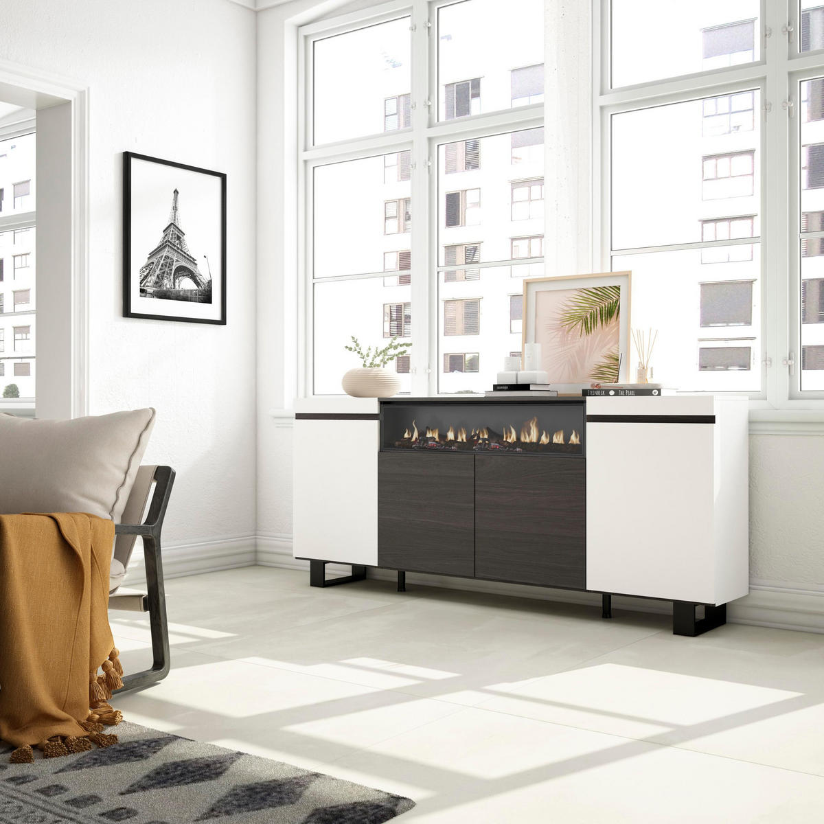 SIDEBOARD Elektrokamin, weiß und schwarz, 200/35/87cm - Multicolor/Schwarz, Holzwerkstoff (200/87/35cm) - Skraut Home