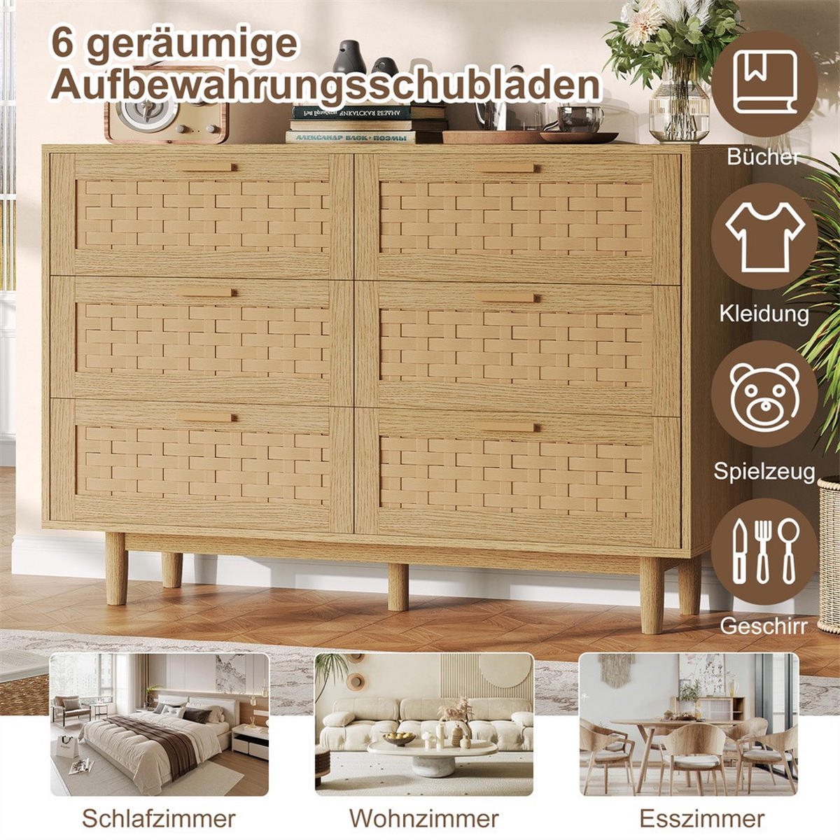 KOMMODE mit 6 Schubladen - natürliche Geflecht-Optik und runde Holzbeine - Eiche-Optik - Eichefarben, Holzwerkstoff (115/80/40cm) - DELFA