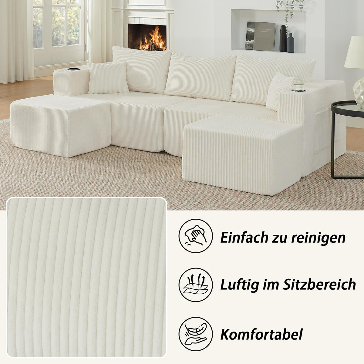 WOHNLANDSCHAFT mit beweglichen Ottomanen, Getränkehaltern und Kissen aus Cord - Beige, Textil (230/75/138cm) - EVRYAE
