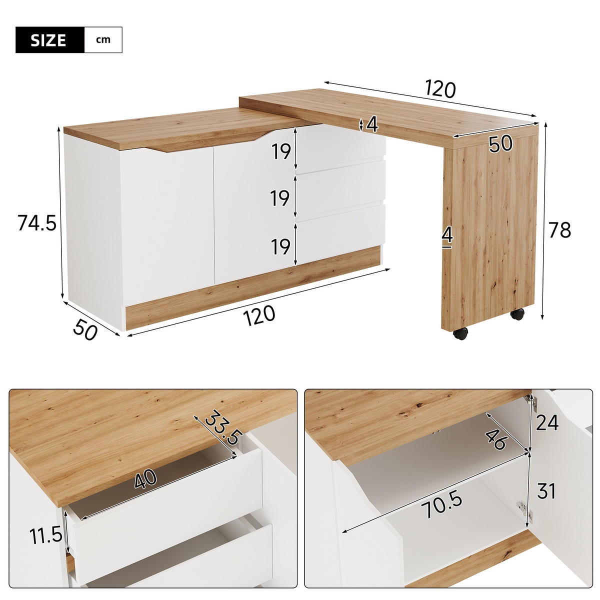 SCHREIBTISCH mit feststellbaren Rollen drehbar 120cm - Weiß, Holzwerkstoff (50/120/78cm) - Gisaae