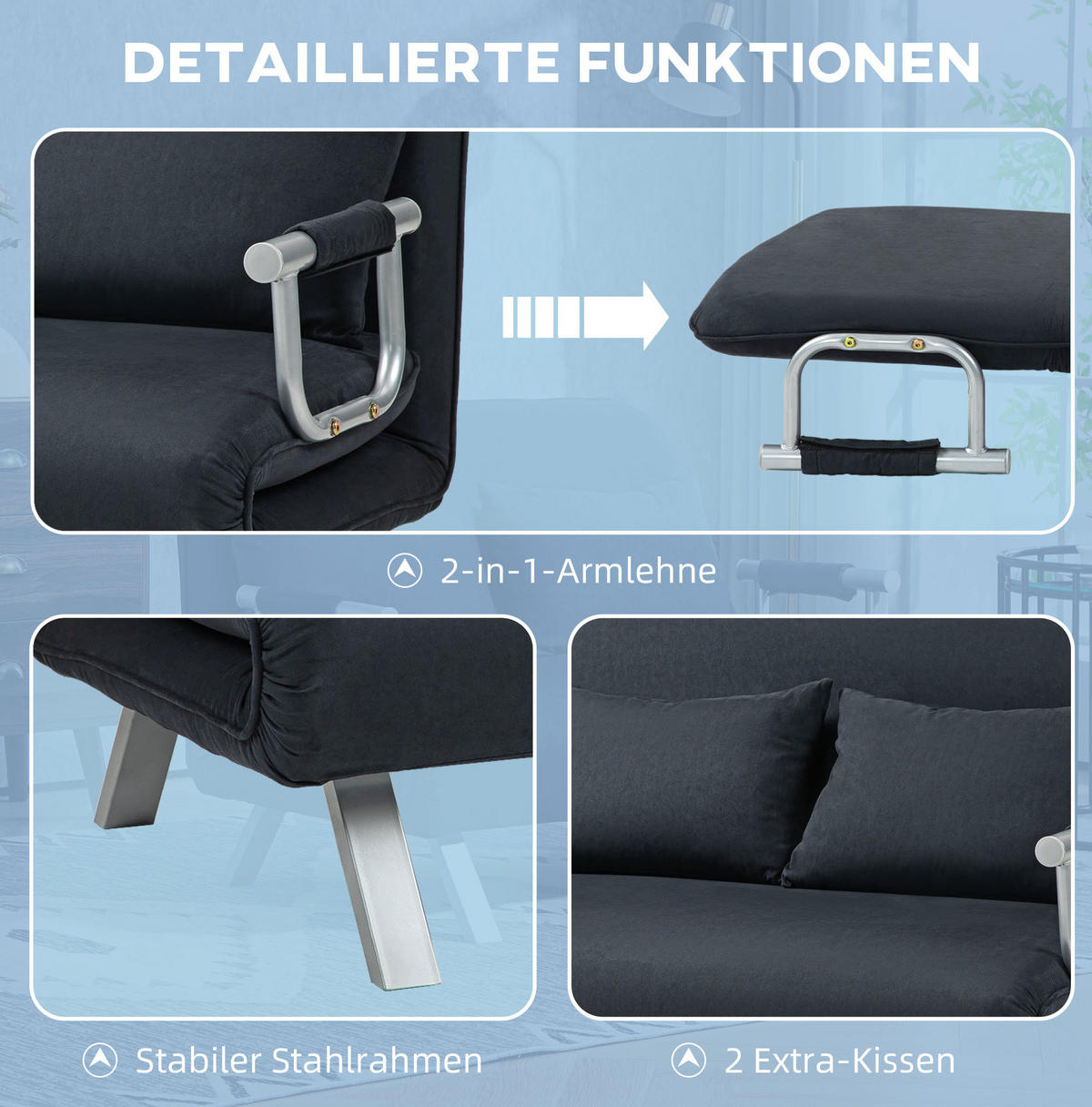 SCHLAFSOFA mit Metallgestell, verstellbarer Rückenlehne 111/80/78 cm Schwarz - Schwarz, Metall (80/78/111cm) - Redom