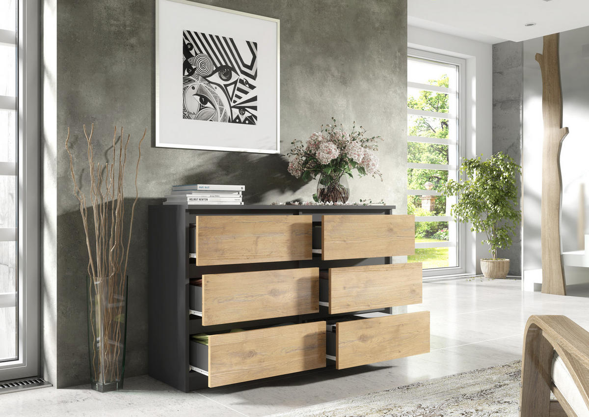KOMMODE NUDO 120/78,5/39cm mit 6 Schubladen Türen Anthrazit - Eichefarben/Anthrazit, Holzwerkstoff (120/78.5/39cm) - MASSENO