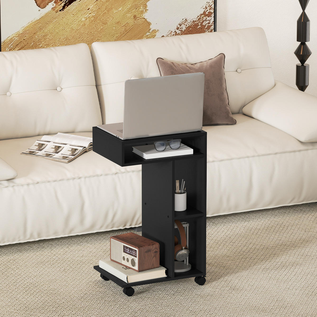 BEISTELLTISCH mit Rollen mit 4 Regalen, Sofatisch Schwarz - Schwarz, Holzwerkstoff (40/30/69cm) - HOMCOM