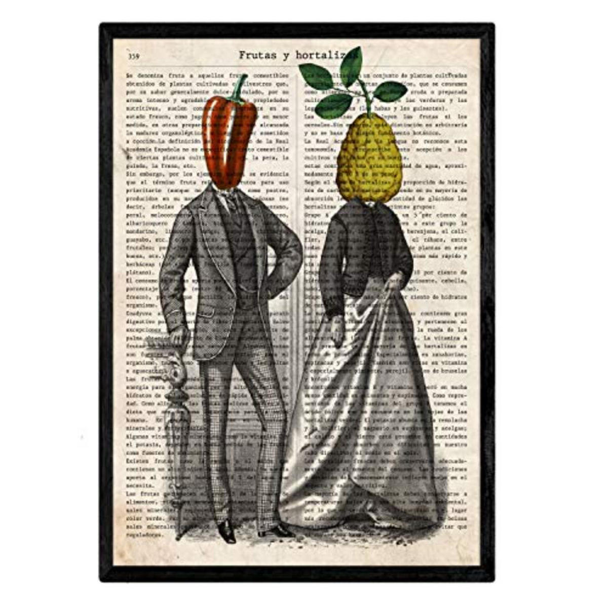 POSTER Set mit 4 Blättern Obst und Gemüse Modell 1 A4 Schwarzer Rahmen - Schwarz, Papier (29.7/3cm) - Nacnic