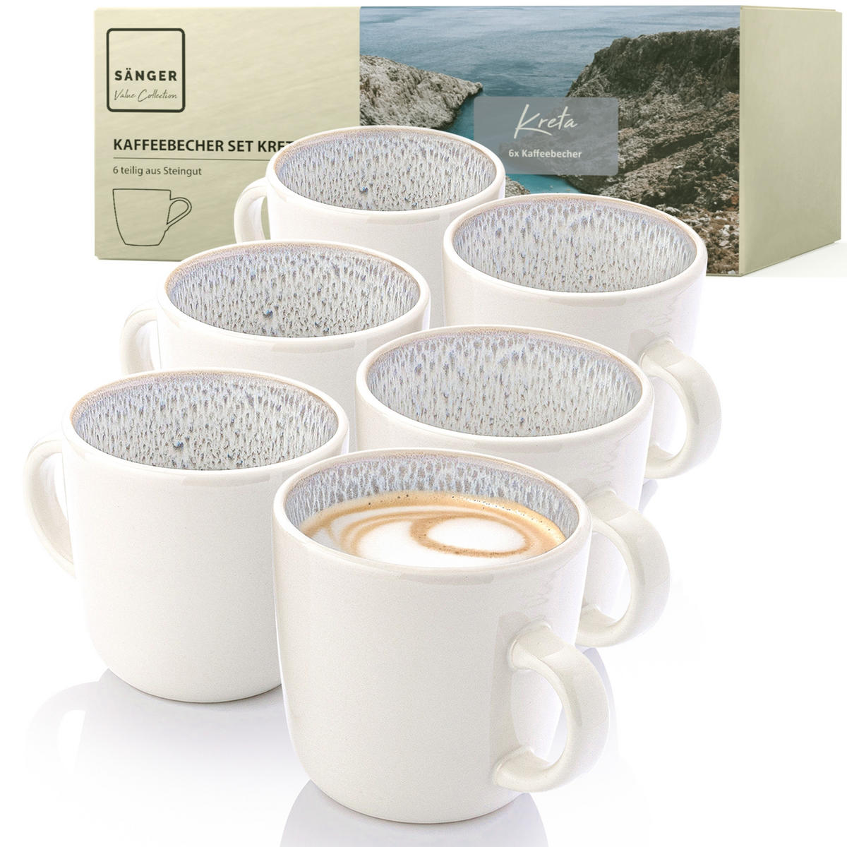 KAFFEEBECHER SET KRETA - 6 teilig aus Steingut - Creme, Stein (0.35L) - Sänger