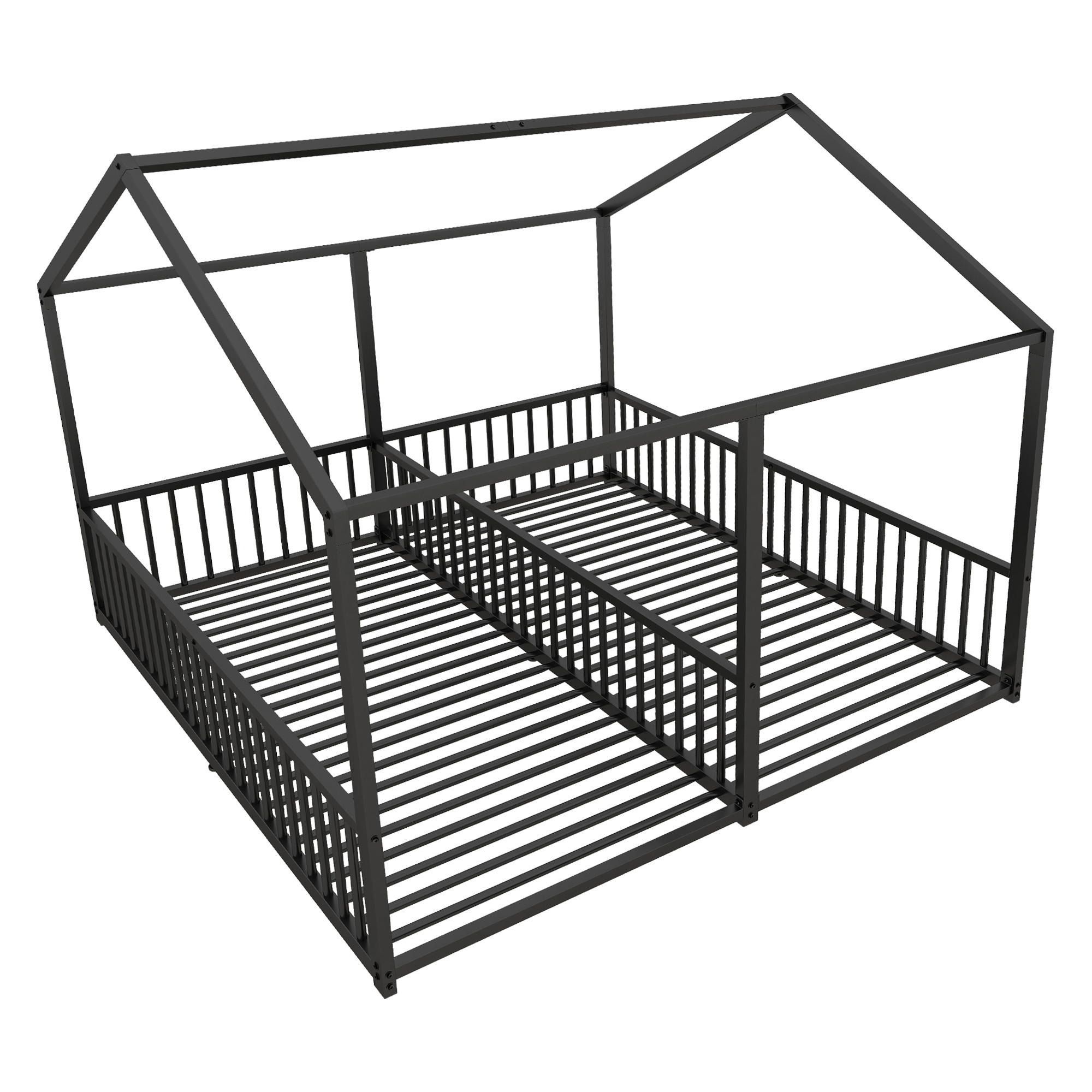 HAUSBETT 90/200 cm Schwarz mit Geländer, Hausmodellierung - Schwarz, Metall (90/200cm) - Oxeza