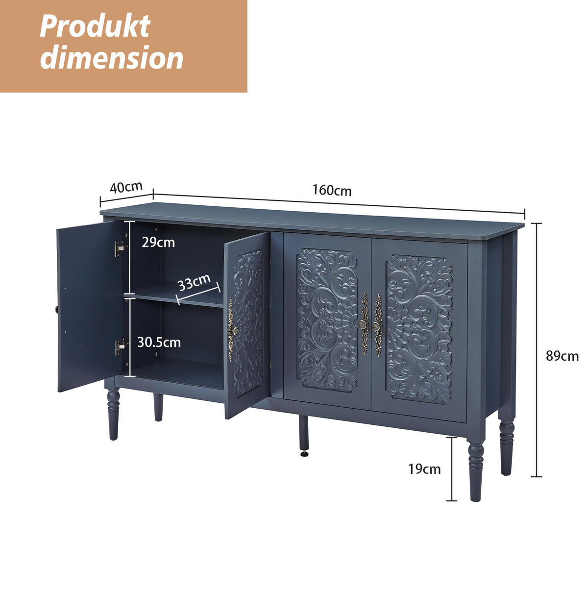 SIDEBOARD aus Spanplatte und MDF 160x40x89 cm Navyblau mit Reliefdekor und Stauraum - Dunkelblau, Holzwerkstoff (160/89/40cm) - IVMEU