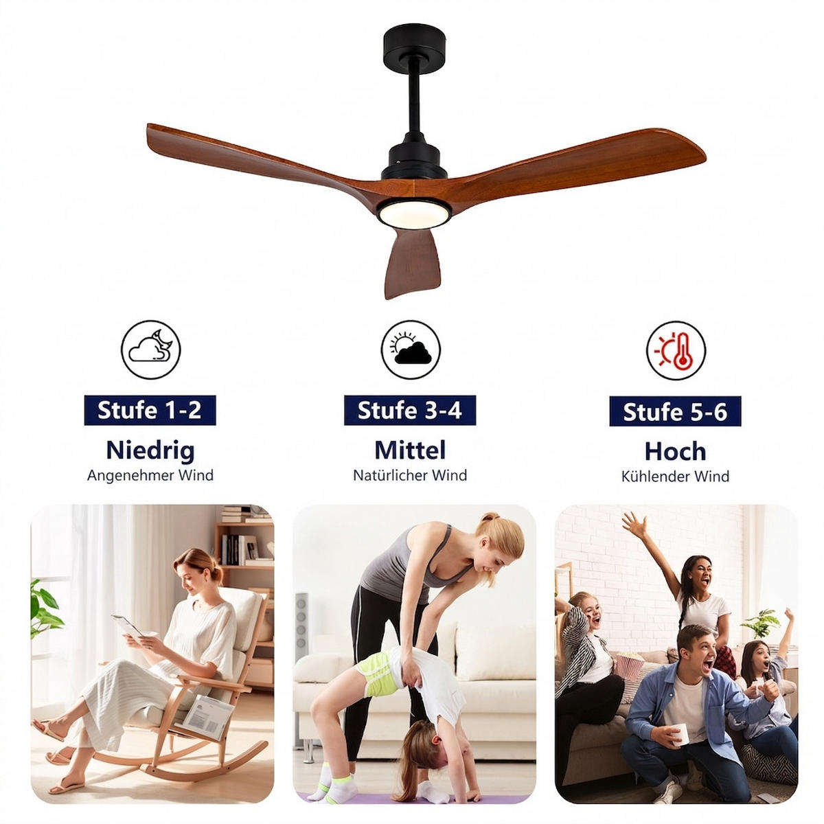 DECKENVENTILATOR & 3 Holzflügeln, 3-Stufen Dimmer, DC-Motor(35dB) - Schwarz, Holzwerkstoff (132/132/45.7cm) - BEXEVUE