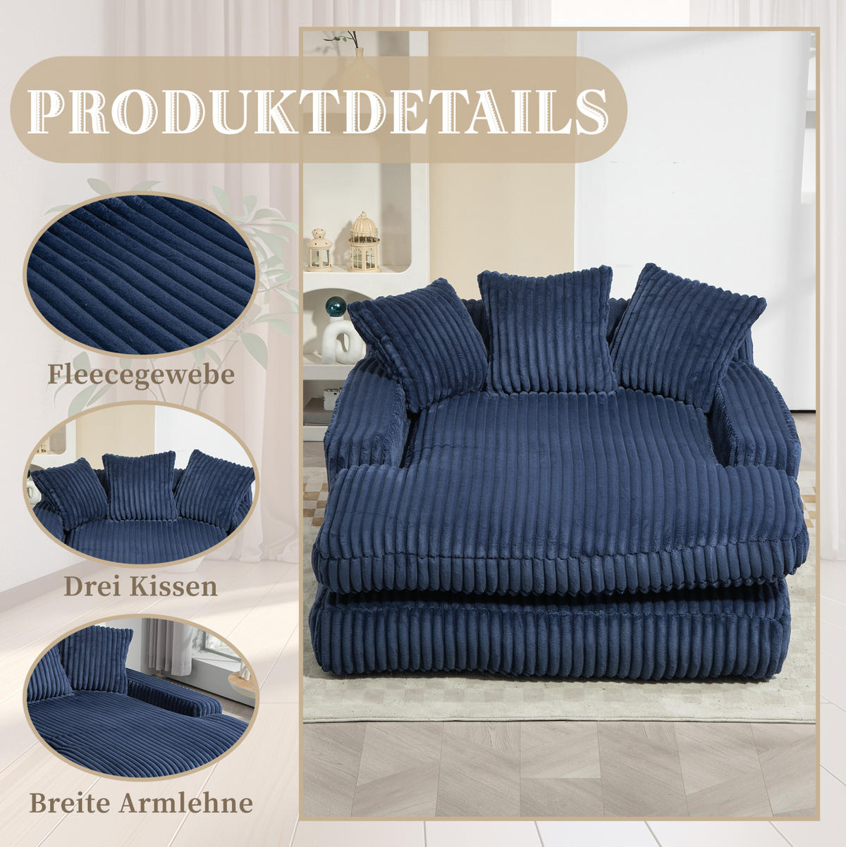BIGSOFA Chaiselongue Cord mit 3 Kissen bodennah 125/155/63 cm Dunkelblau - Dunkelblau, Textil (63/125/155cm) - Redom