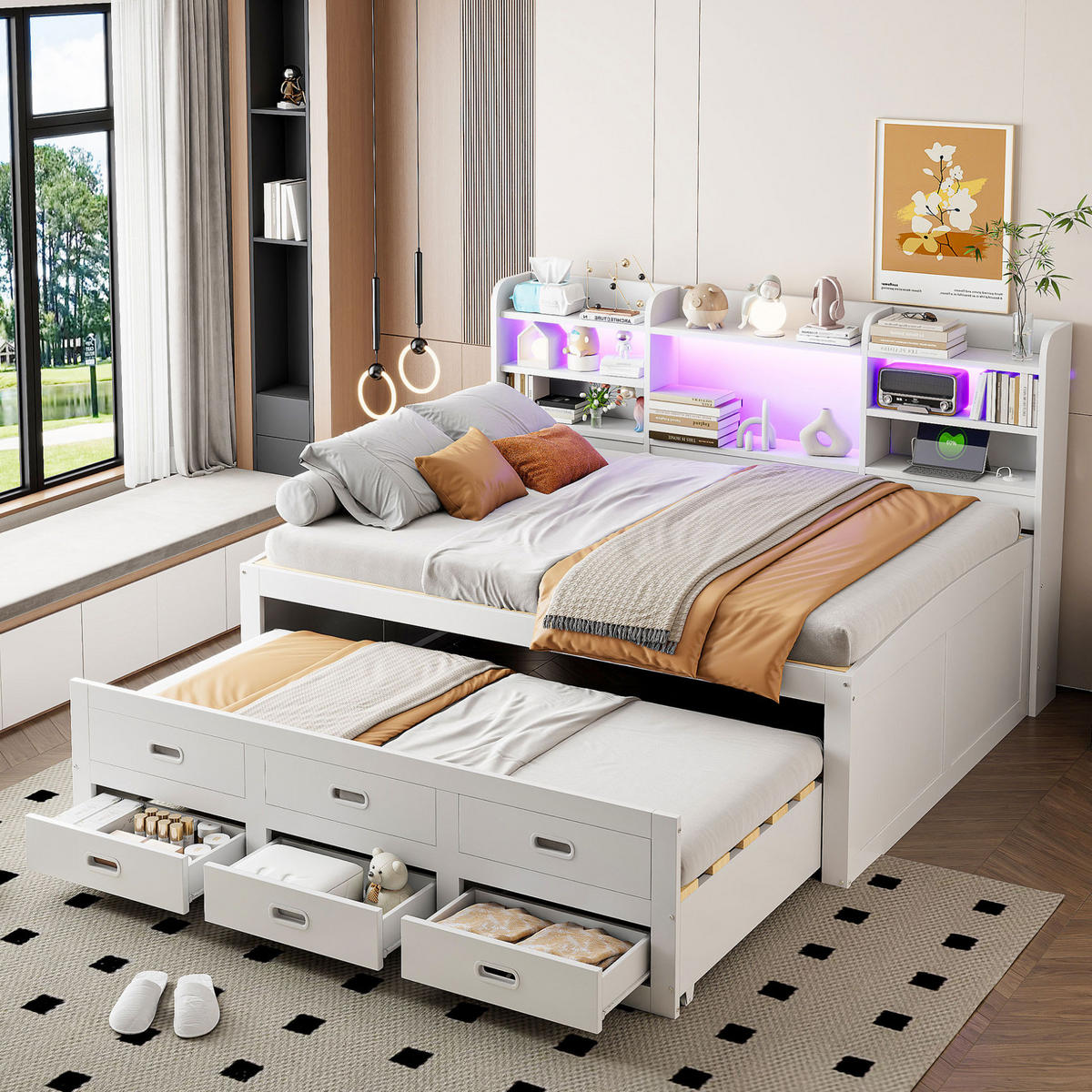 TAGESBETT 140/200 cm aus werkstoff mit LED-Beleuchtung, USB-/Type-C-Anschluss, Ausziehbett und 3 Schubladen, Weiß - Weiß, Holzwerkstoff (140/200cm) - Redom
