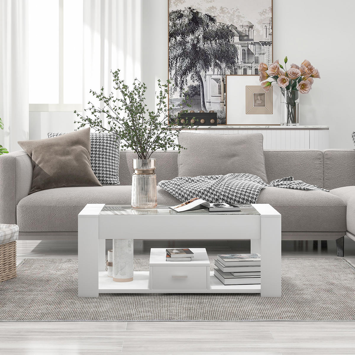 COUCHTISCH Weiß mit Glasplatte Schubladen und Stauraum 100/50/40 cm - Weiß, Holzwerkstoff (50/100/40cm) - PANGIVO