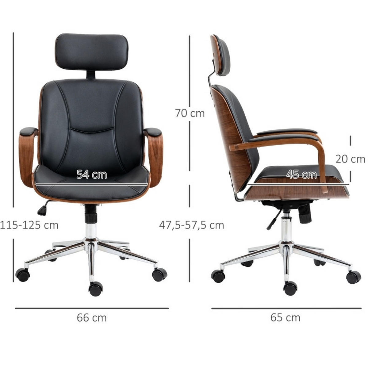 BÜROSTUHL ergonomisch höhenverstellbar 66 x 65 x 115-125 cm Kunstleder Schwarz - Schwarz, Kunststoff (65/125/66cm) - Meubliv