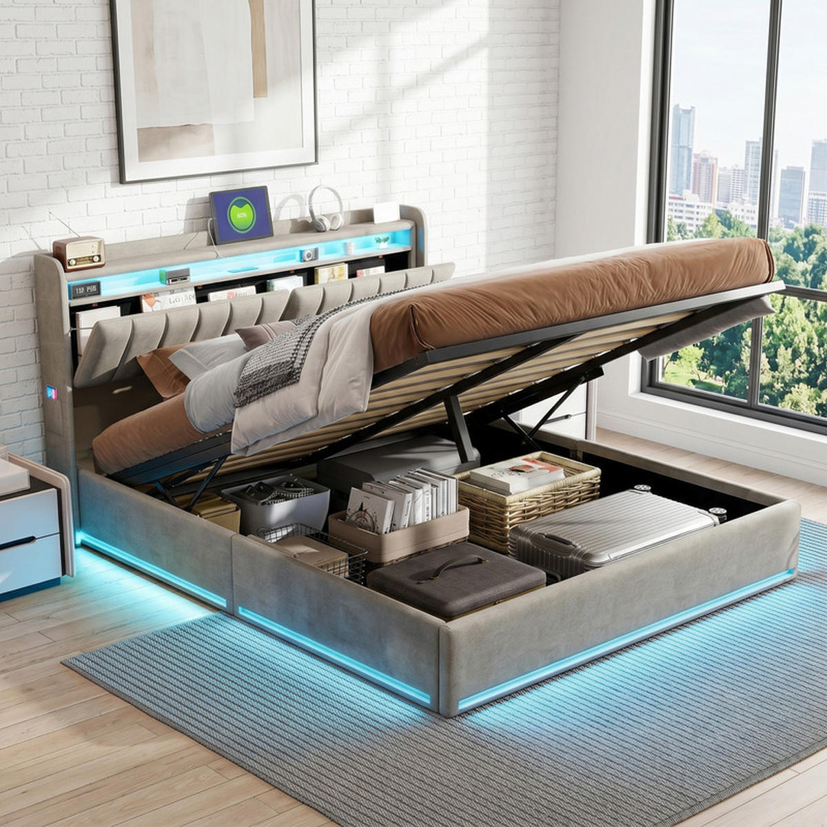 POLSTERBETT 160/200 cm grau mit Stauraum, LED und USB - Grau, Holz