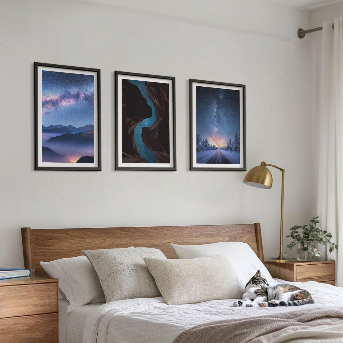 BILDER SET 3er Set - 40x60 cm Schwarzer Rahmen - Nachthimmel, Berge, Winterlandschaft - Schwarz, Kunststoff (40/60cm) - TULUP