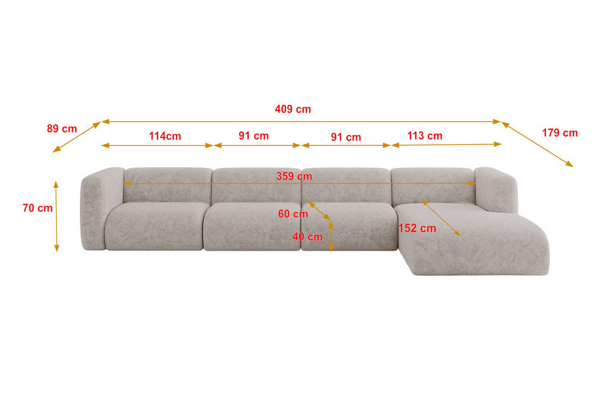 ECKSOFA Ottomane Rechts MIRA-L3 409x179x70 Hellgrau Velours - Hellgrau/Schwarz, Holzwerkstoff/Kunststoff (409/179cm) - ALTDECOR