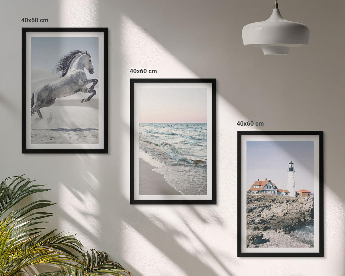 BILDER SET 3er Set - 40x60 cm Schwarzer Rahmen - Pferde, Strand, Leuchtturm, Wellen - Schwarz, Kunststoff (40/60cm) - TULUP