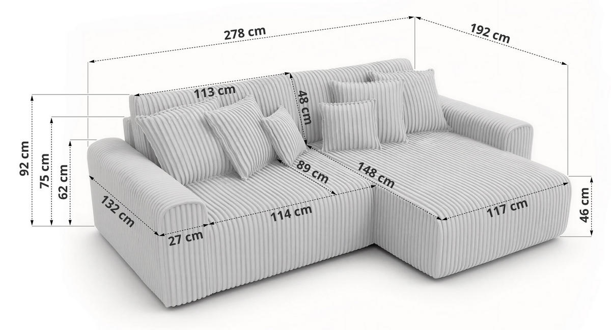 ECKSOFA ELARA L Grau Cord - Schwarz/Grau, Kunststoff/Textil (278/192cm) - MKS