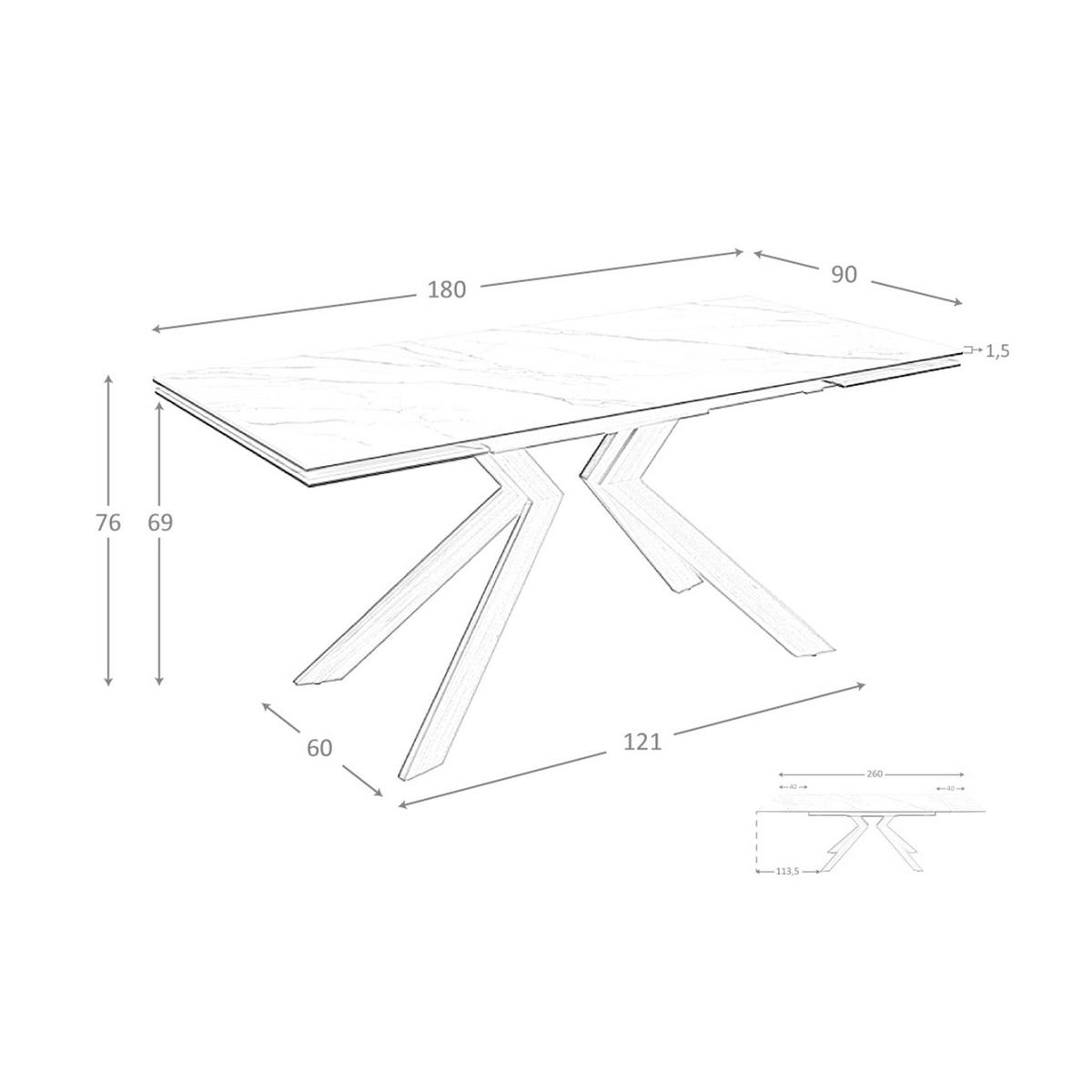 ESSTISCH Rechteckiger ausziehbarer Esstisch aus Porzellanmarmor und Stahl in Walnussoptik 180/90/76 cm - Walnussfarben/Schwarz, Stein (90/180/76cm) - ANGEL CERDA