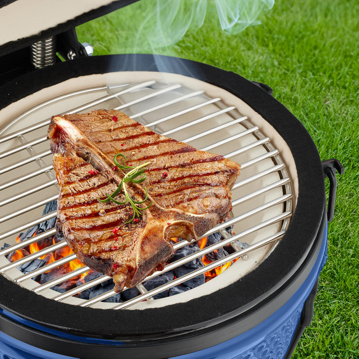 KAMADO-GRILL - Blau, Keramik/Metall (34/56.5cm) - Relaxdays