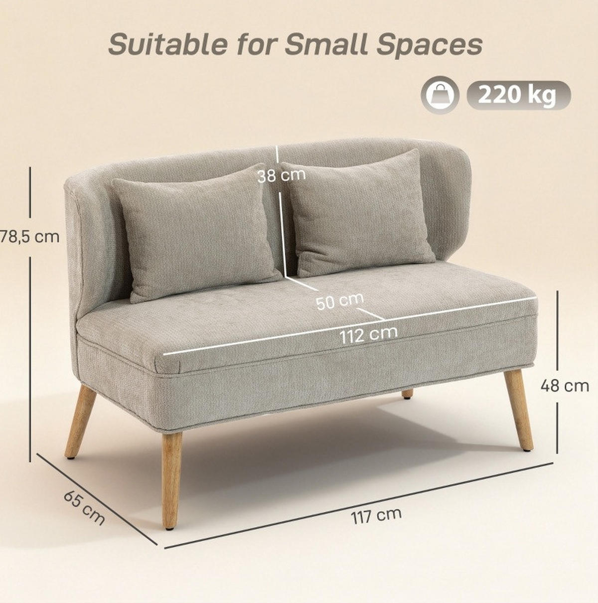 2-SITZER-SOFA Chenille Beige 117 cm - Beige, Holzwerkstoff (117/78.5/65cm) - Meubliv