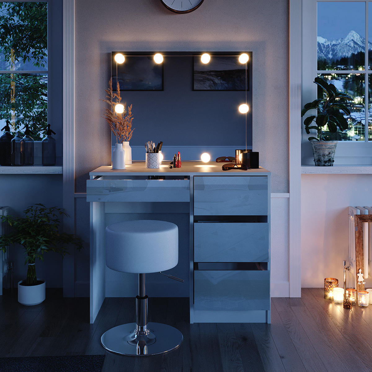 SCHMINKTISCH Sherry Weiß 90 cm mit LED Beleuchtung und Hocker - Weiß, Holzwerkstoff (90/75/40cm) - Vicco