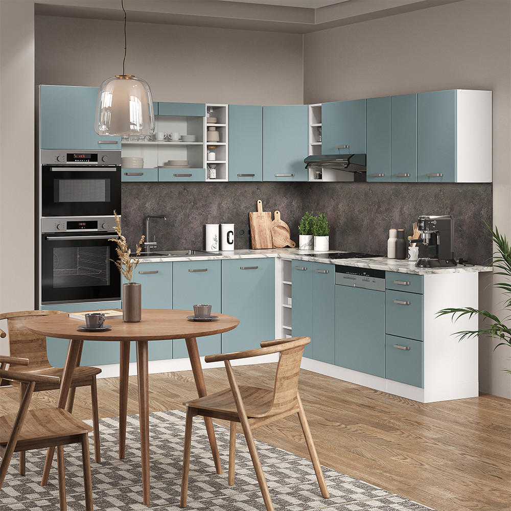 ECKKÜCHE R-Line Blau-Grau/Weiß 237 x 60 cm ohne AP - Blaugrau/Weiß, Holzwerkstoff (247/81.6/46cm) - Vicco