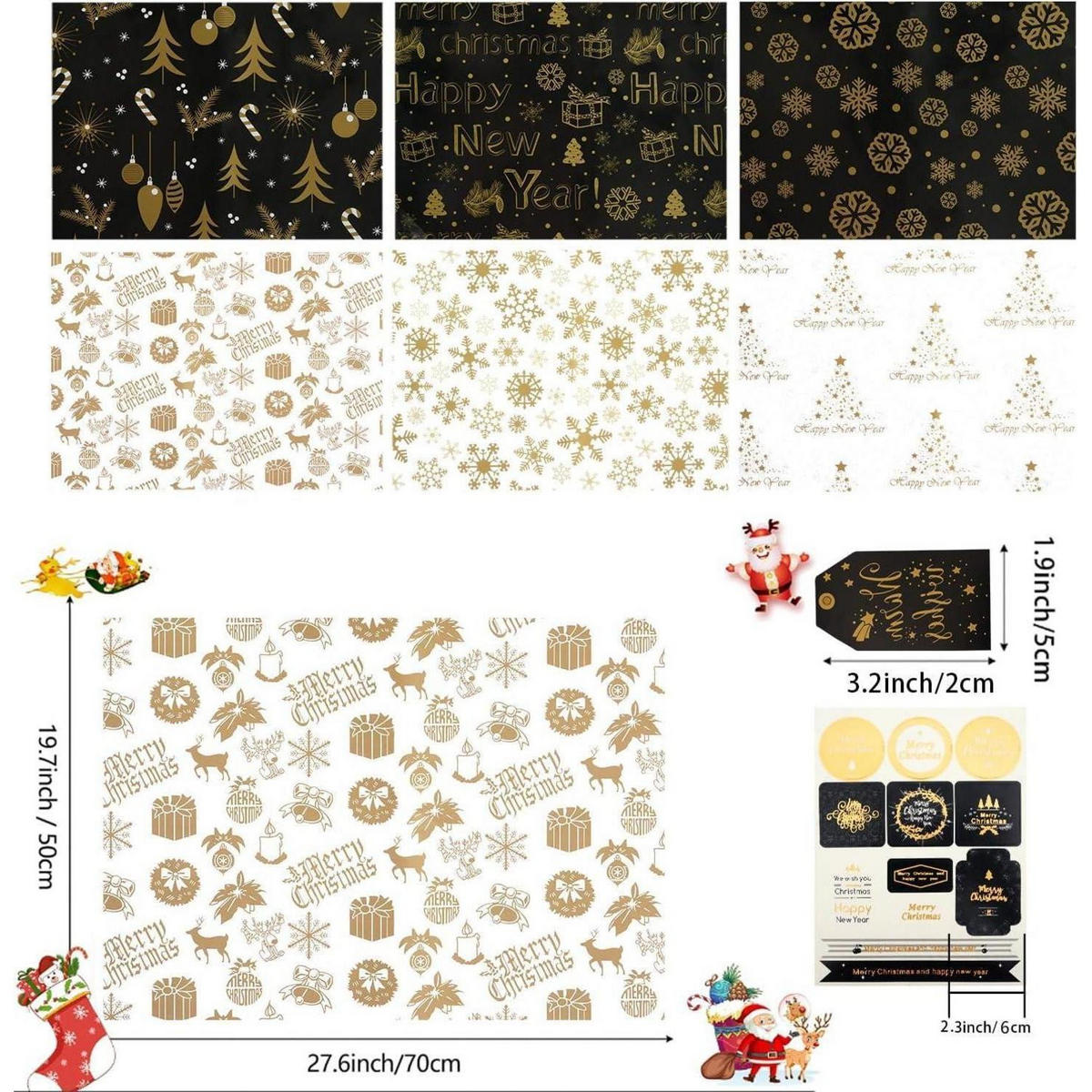 GESCHENKPAPIER Set Weihnachten 6 Blatt Gold Schwarz 70x50cm - Multicolor, Papier (50/1/70cm)