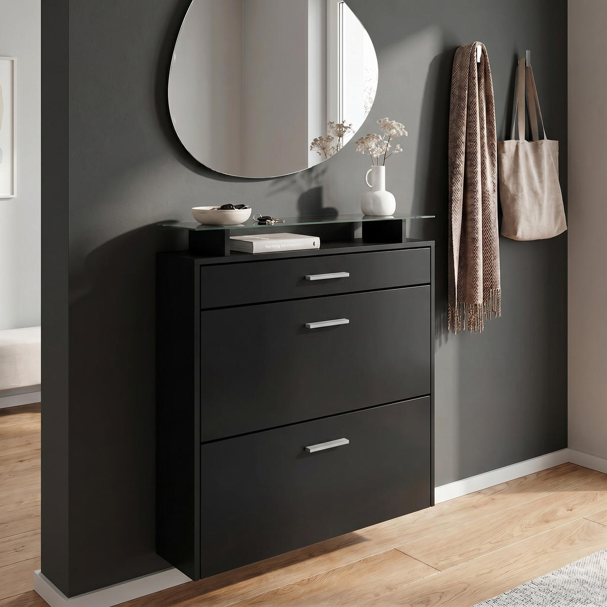 SCHUHSCHRANK Malea Front in Schwarz matt - Schwarz, Holzwerkstoff (89/96/23cm) - Vladon