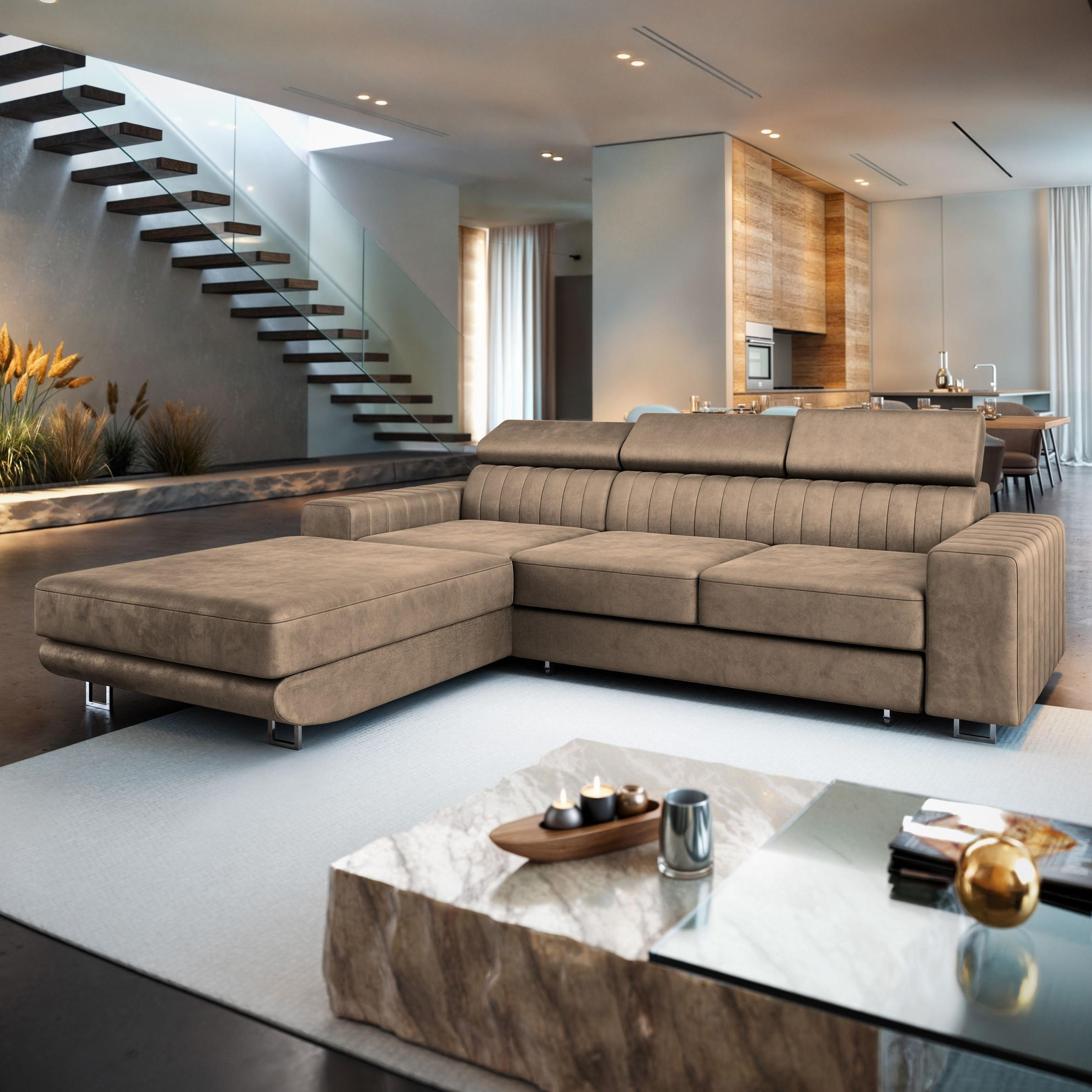 ECKSOFA NOTO L-S Beige Velours-Stoff mit Schlaffunktion - Beige, Holz (267/190cm) - MASSENO