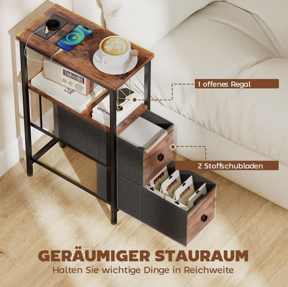 BEISTELLTISCH Rustikalbraun aus Holz mit Ladestation - Braun, Holz (40/20/63cm) - OKMYHOME