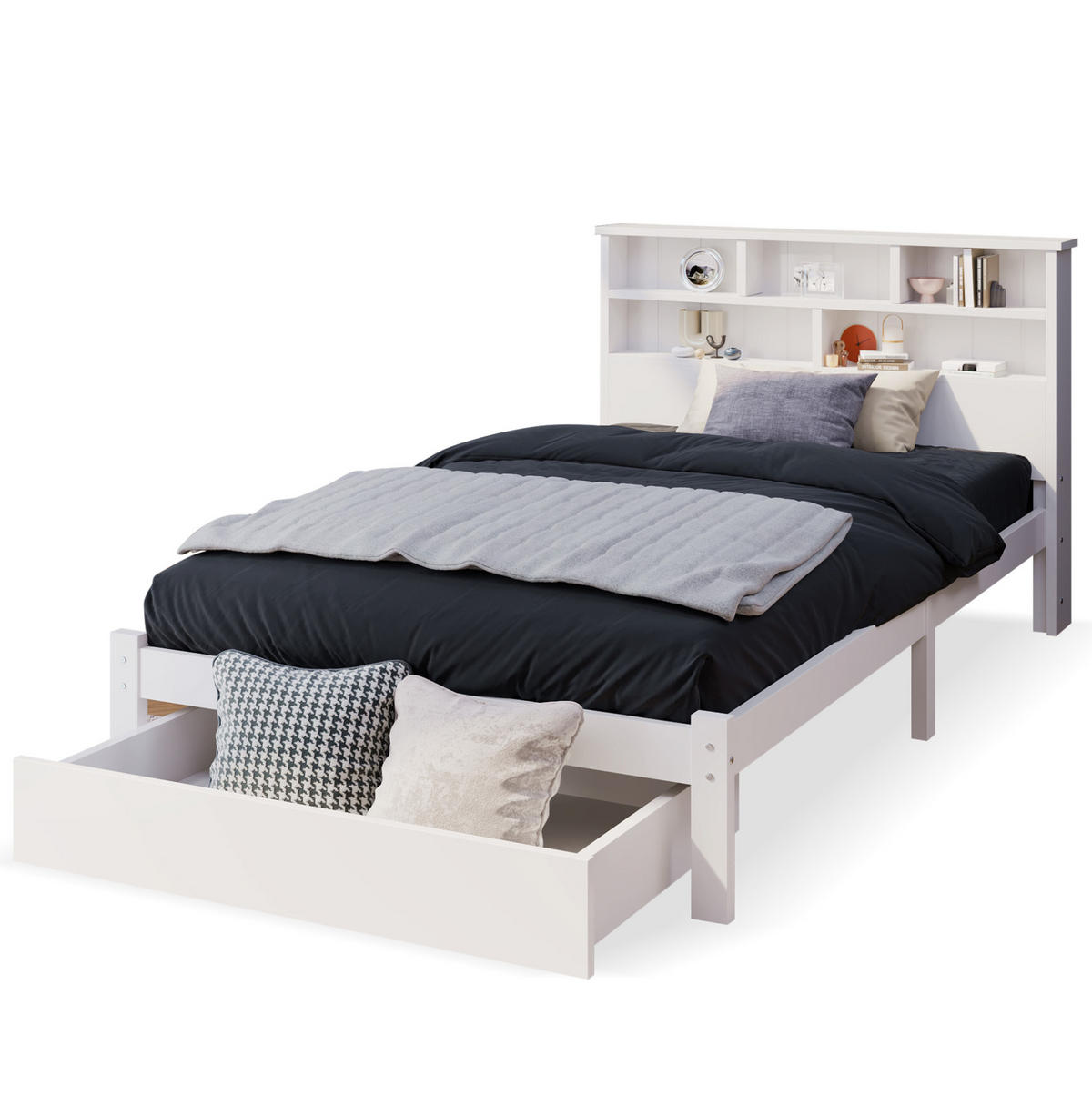 BETT 90/200 cm in Weiß mit Bücherregal-Kopfteil und Schubladen aus Massivholz - Weiß, Holz (90/200cm) - BEAOK