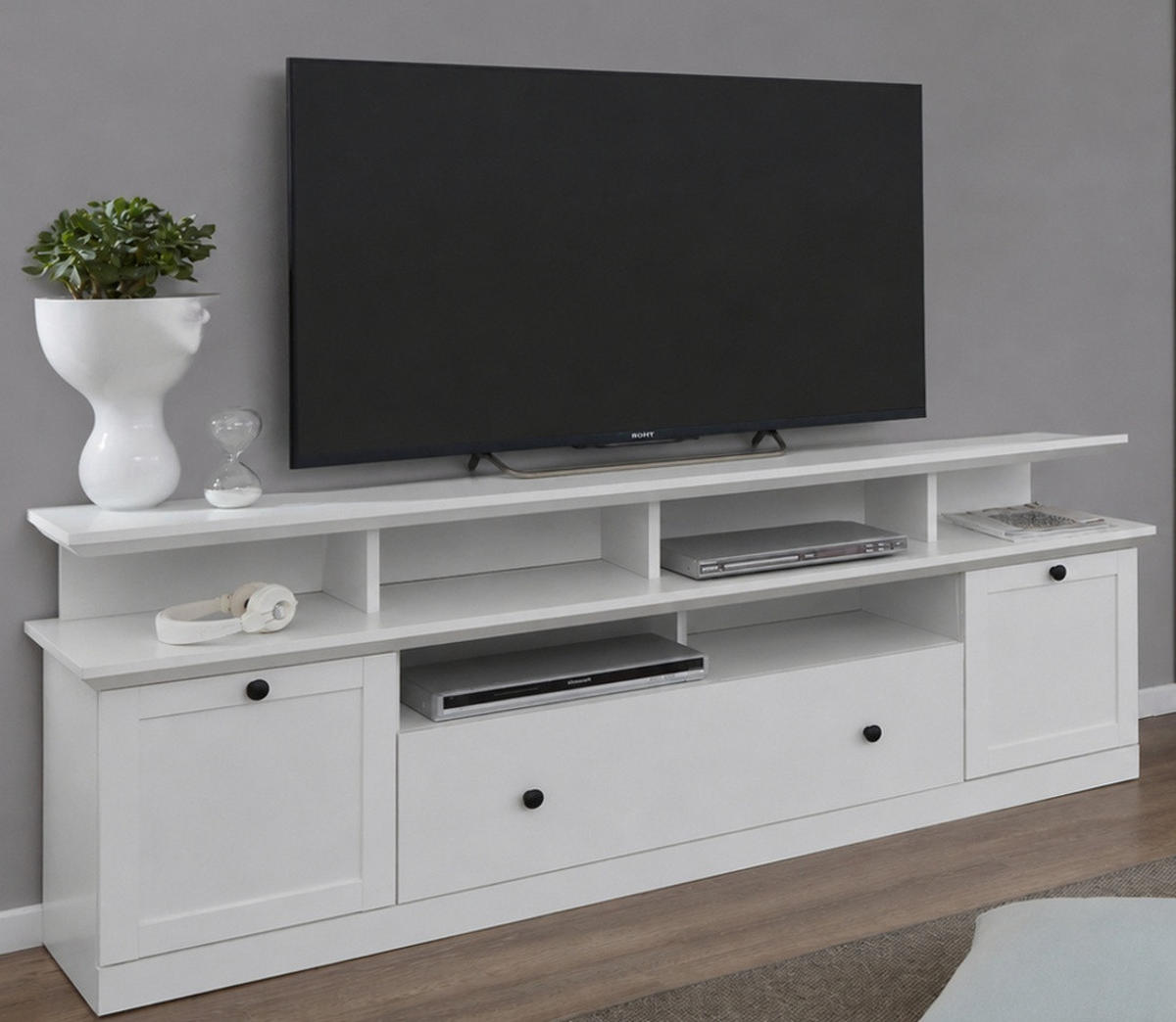 TV-LOWBOARD weiß 177 cm, TV Unterteil im Landhausstil inklusive Podest - Silberfarben/Weiß, Holzwerkstoff/Metall (177/65/41cm) - Top.Furn